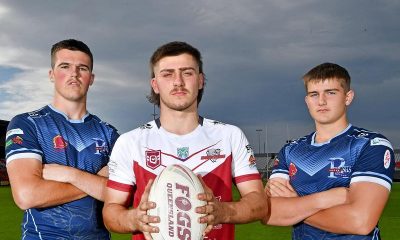 Redcliffe state high school students Jak Goulding, Matt Bennett and Jack Cameron at the Redcliffe Dolphins home ground in Redcliffe. Thursday October 7, 2021. Picture, John Gass