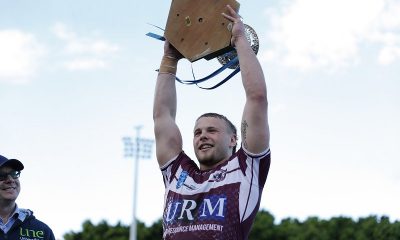 Manly Seaeagles Harold Matthews Cup Captain Josh Fedely holds up the 2021 Harold Matthews Cup (Photo : Bryden Sharp bsphotos.com.au)