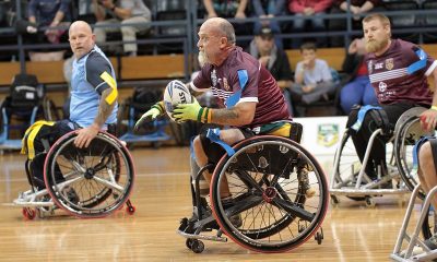 Queensland's Davin (Bear) Bretherton in action in the 2019 Wheelchair Rugby League State of Origin (Photo : Steve Montgomery)