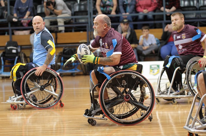 Queensland's Davin (Bear) Bretherton in action in the 2019 Wheelchair Rugby League State of Origin (Photo : Steve Montgomery)