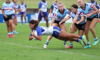 Canterbury-Bankstown Bulldogs lock Monalisa Soliola dives in for one of her 2 tries v Sharks (Photo : Steve Montgomery)