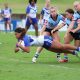 Canterbury-Bankstown Bulldogs lock Monalisa Soliola dives in for one of her 2 tries v Sharks (Photo : Steve Montgomery)