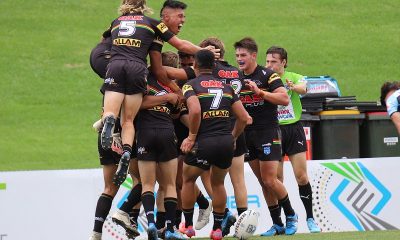 The Panthers SG Ball celebrate a try in rnd 2 v Sharks (Photo : Steve Montgomery)