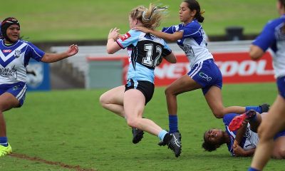 Tayla Curtis gets tackled in the Rnd 3 Tarsha Gale Cup game v Bulldogs (Photo : Steve Montgomery)