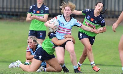 Sharks 2nd rower Tayla Curtis tries to break a tackle by the Raiders in Round 7 of the NSWRL Tarsha Gale Cup (Photo : Steve Montgomery)