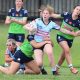 Sharks 2nd rower Tayla Curtis tries to break a tackle by the Raiders in Round 7 of the NSWRL Tarsha Gale Cup (Photo : Steve Montgomery)