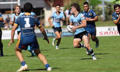 Jasper Catton from the Cronulla Sharks Harold Matthews Cup team looks for support in the NSWRL junior reps Elimination Final (Photo : Steve Montgomery)