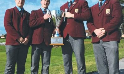 St. Gregorys College students Cooper Cross, Thomas Fletcher, Heath Mason & Lachlan Bush withh the Inaugural Peter Mulholland Cup (Photo ; Stephen Bullock)