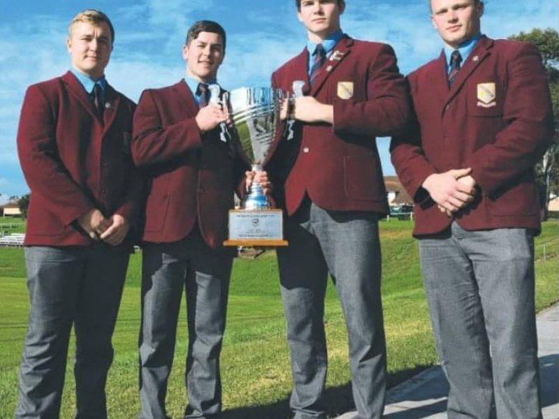 St. Gregorys College students Cooper Cross, Thomas Fletcher, Heath Mason & Lachlan Bush withh the Inaugural Peter Mulholland Cup (Photo ; Stephen Bullock)
