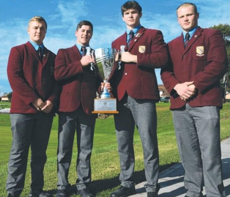 St. Gregorys College students Cooper Cross, Thomas Fletcher, Heath Mason & Lachlan Bush withh the Inaugural Peter Mulholland Cup (Photo ; Stephen Bullock)