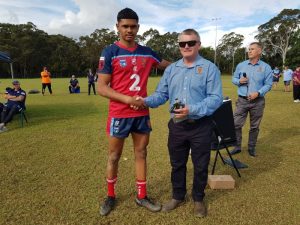 Under 18s Player of the Carnival : Tyrone Monro - Endeavour Sports High School with MR. Kevin Stacey NSWCHS (Photo : Steve Montgomery)