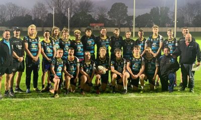 The St Mary's NRL Schoolboys Cup team is joined by Maitland Pickers and former students Matt Soper-Lawler and Jayden Butterfield. Picture: Supplied.