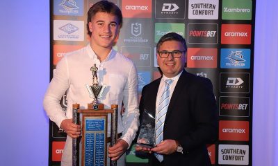 Chevy Stewart named the Greg Pierce Sharks Junior Representative Player of the Year with Sharks CEO Mr. Dino Mezzatesta (Photo : Steve Montgomery)