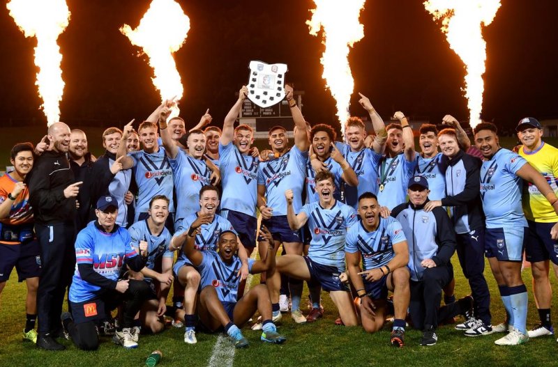 The NSW Blues Under-19s celebrate their big win. Picture: NRL Photos/Gregg Porteous