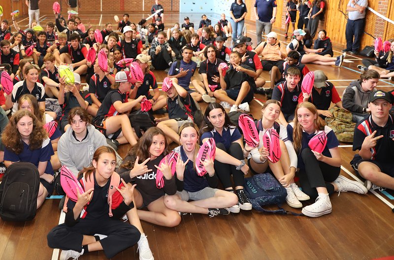 Kempsey High School Year 9 - 10 students with their footy's (Photo : Steve Montgomery)