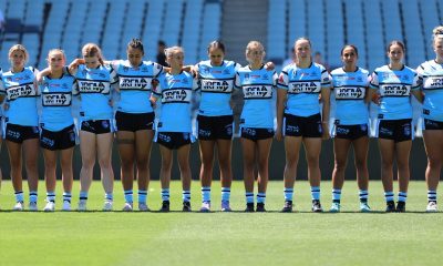 Cronulla Sharks HNWP team line up for the Welcome to Country talk (Photo : Steve Montgomery)