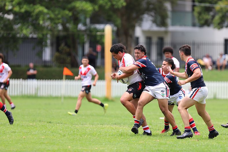 Cyrus Stanley-Traill is tackled by Cooper Hale in the Harold Matthews Cup trial (Photo : Steve Montgomery)