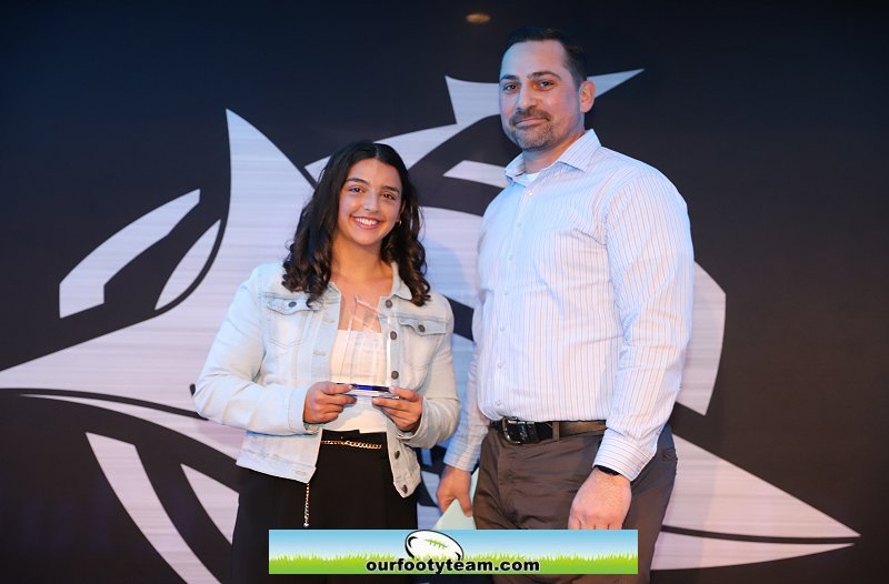 Bianca Cutrupi with tarsha gale Cup coach Neil Stanley at the 2023 Cronulla Sharks women's Presentation night (Photo : Steve Montgomery)