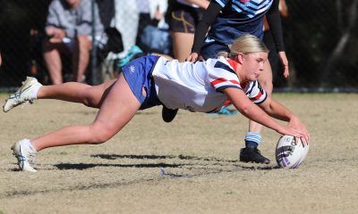 Lacey Cross dives in for one of her 2 tries of the NSWCHS Sydney Red / Gold u16 schoolgirls trails (Photo : Steve Montgomery)