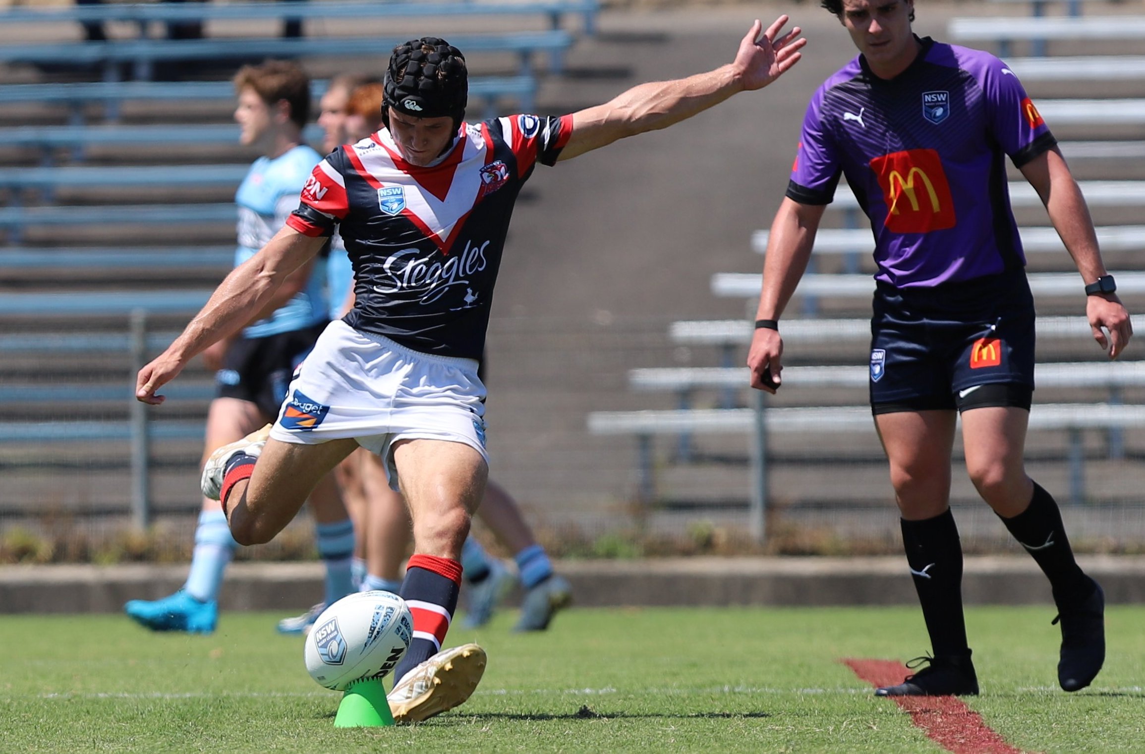 Toby Rodwell converting a try for the Roosters against the Sharks in the Harold Matthews competition (Photo : Steve Montgomery)
