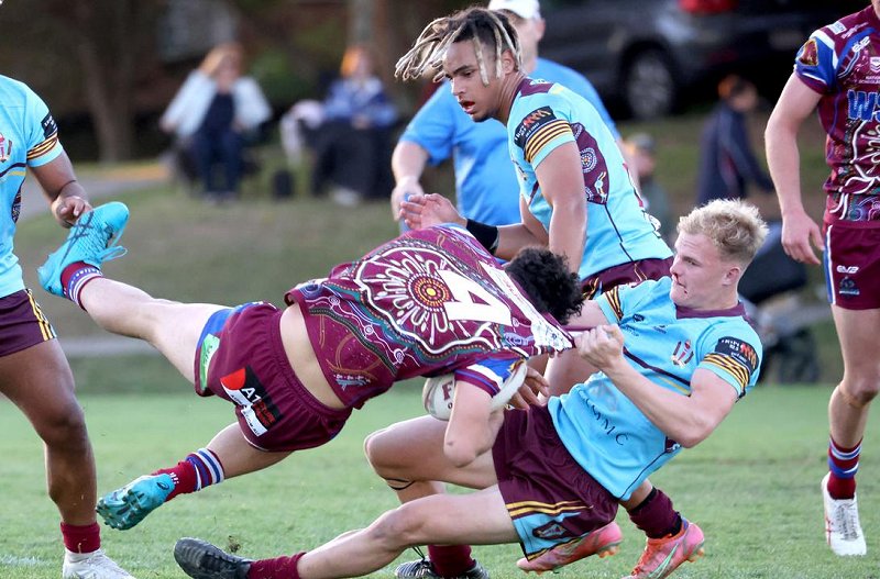 Wavell centre Keyarn Pene is unceremoniously dumped by Jack Hudson. Pic: Steve Pohlner