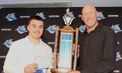 Tom Dellow is presented with the SharksJuniuor repplayer of the year award by Head Coach Craig Fitzgibbon (Photo - Steve Montgomery)
