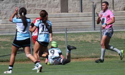 Kayla Johnson dives in for Cronulla's try in round 1 Photo - Steve Montgomery)